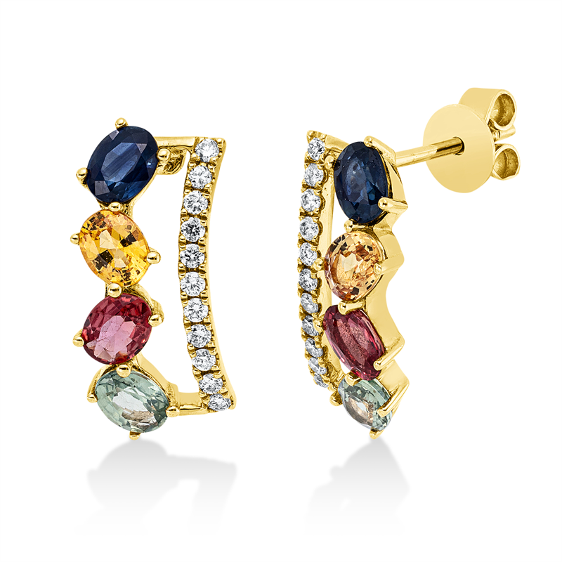 Ohrstecker 18 kt GG, 22 Brill. 0,16 ct, TW-si, 8 Saphire 1,90 ct multicolor