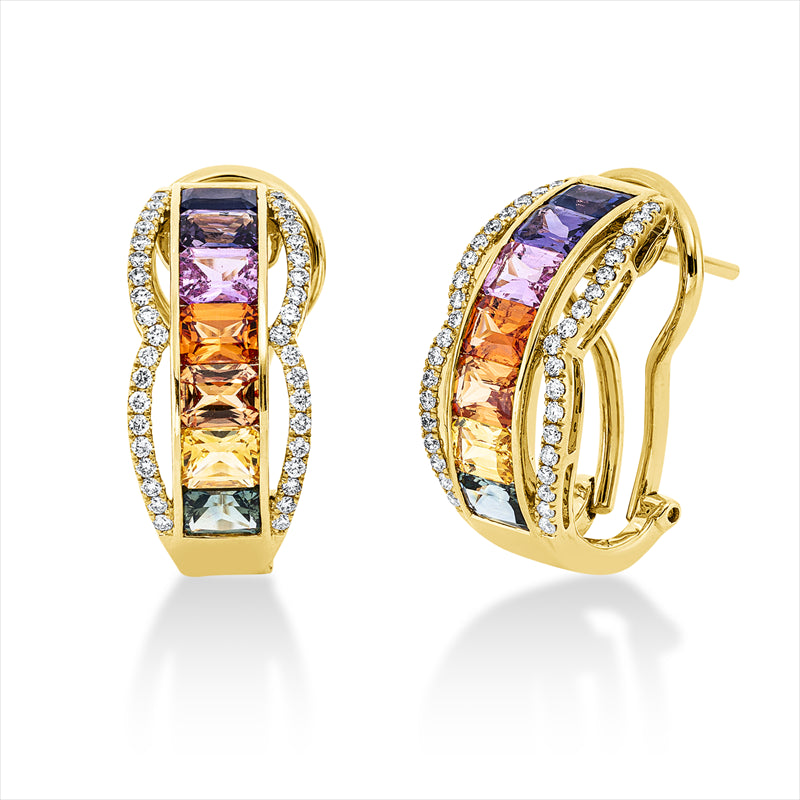 Creolen 18 kt GG, 76 Brill. 0,36 ct, TW-si, 14 Saphire 3,33 ct fancy