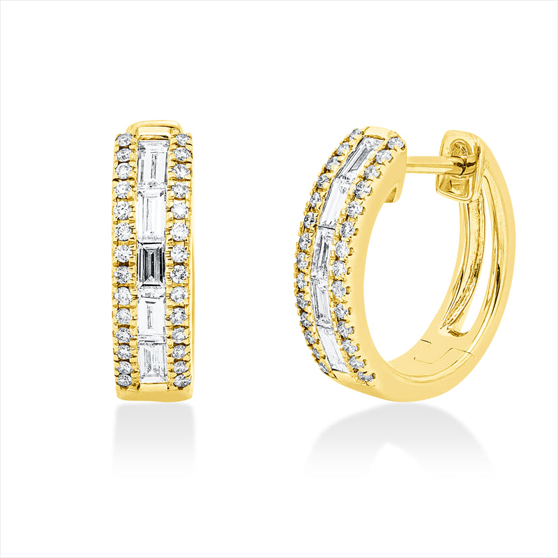 Creolen 14 kt GG, 10 Bag. 0,40 ct, W-si/pi, 56 Brill. 0,20 ct, W-si/pi