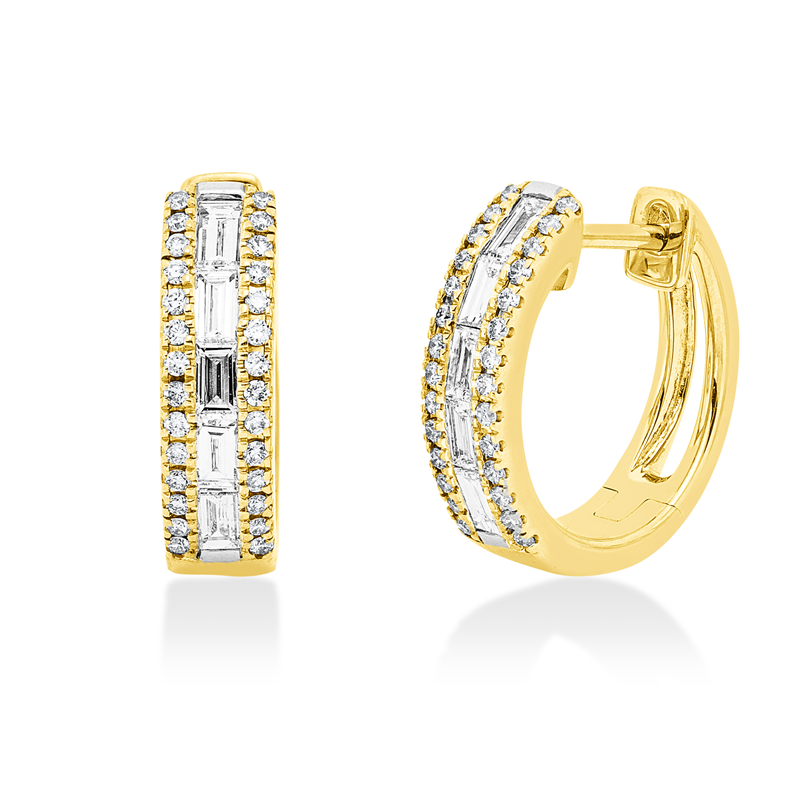 Creolen 14 kt GG+WG, 10 Bag. 0,40 ct, W-si/pi, 56 Brill. 0,20 ct, W-si/pi