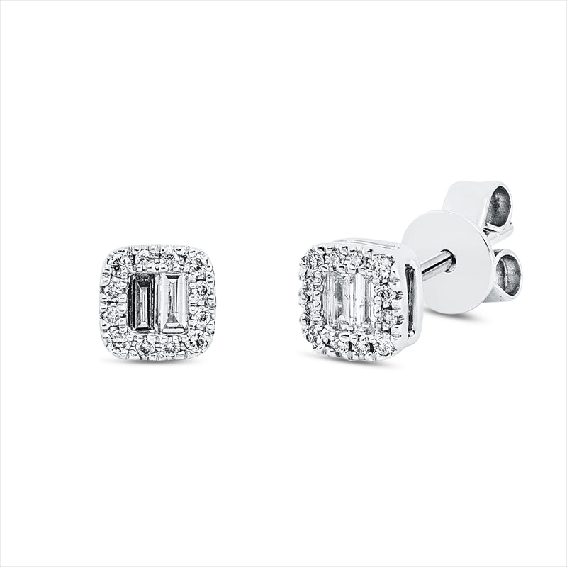 Ohrstecker 18 kt WG, 4 Bag. 0,09 ct, TW-si, 24 Brill. 0,07 ct, TW-si