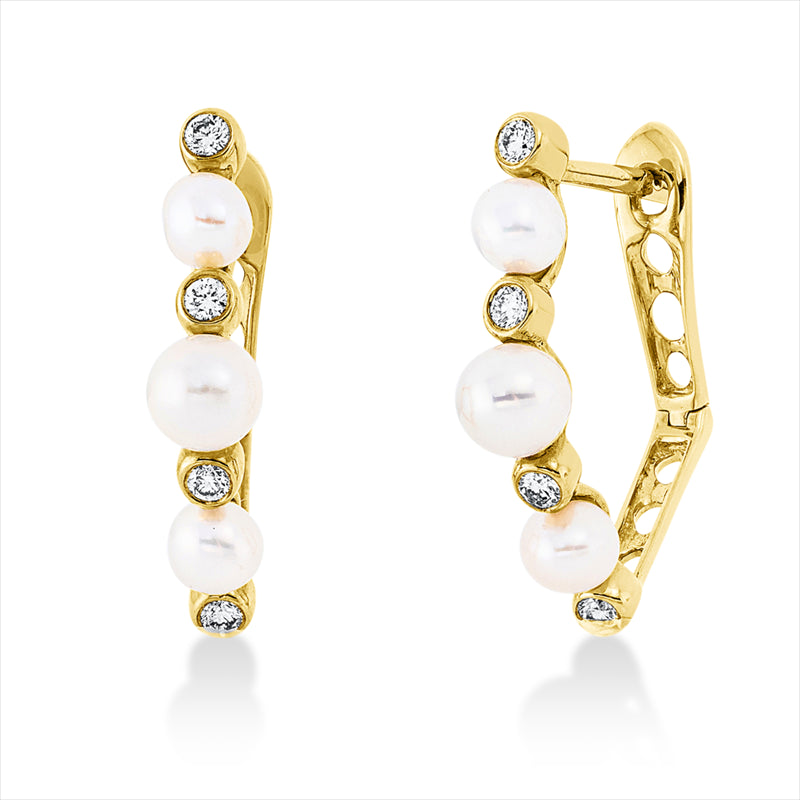 Creolen 18 kt GG, 8 Brill. 0,12 ct, TW-si, 2 ZP weiß 4 mm, 4 ZP weiß 3 mm