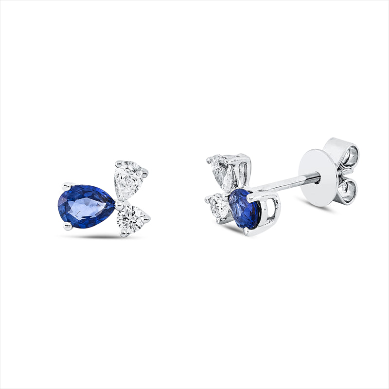 Ohrstecker 18 kt WG, 2 Tropfen 0,11 ct, TW-si, 2 Brill. 0,06 ct, TW-si, 2 Saphire 0,40 ct blau