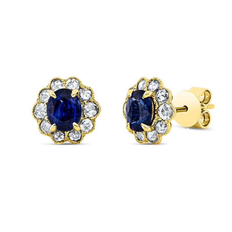 Ohrstecker 18 kt GG, 20 Rosen-Schl 0,71 ct, TW-si, 2 Saphire 1,66 ct blau