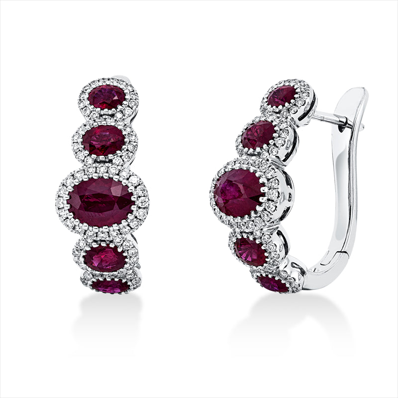 Creolen 18 kt WG, 152 Brill. 0,74 ct, TW-si, 4 Rubine 1,31 ct rot, 2 Rubine 2,18 ct rot, 4 Rubine 0,81 ct rot