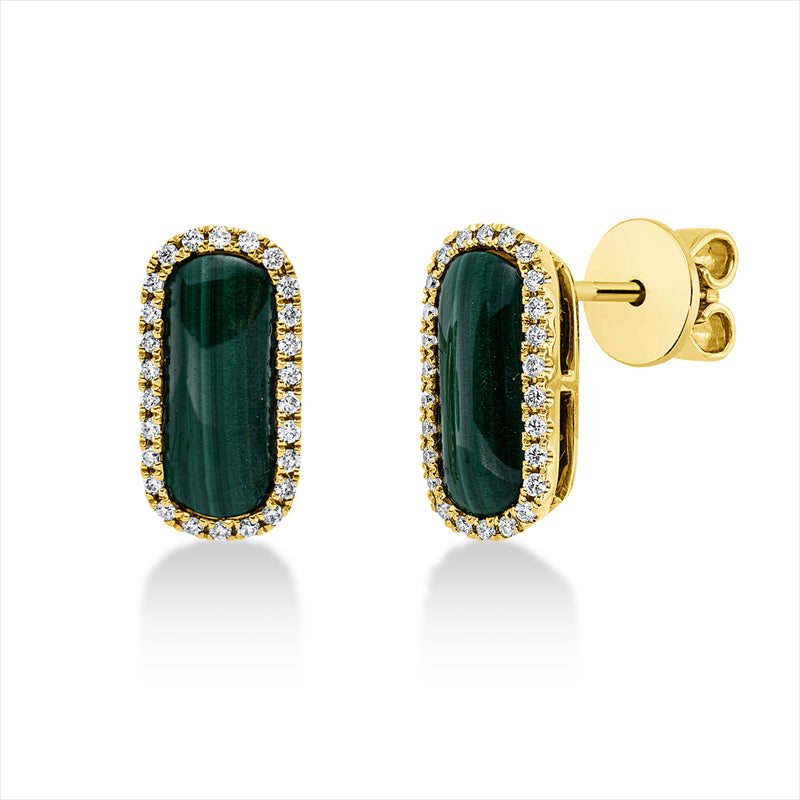 Ohrstecker 18 kt GG, 52 Brill. 0,23 ct, TW-si, 2 Malachit 3,60 ct grün