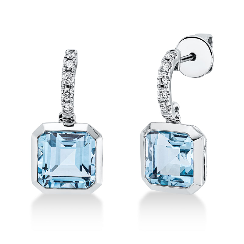 Ohrschmuck 18 kt WG, 10 Brill. 0,21 ct, TW-si, 2 Topase 6,80 ct sky blue