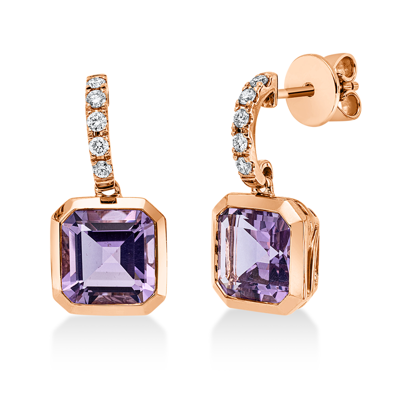 Ohrschmuck 18 kt RG, 10 Brill. 0,20 ct, TW-si, 2 Amethyste 4,80 ct pink
