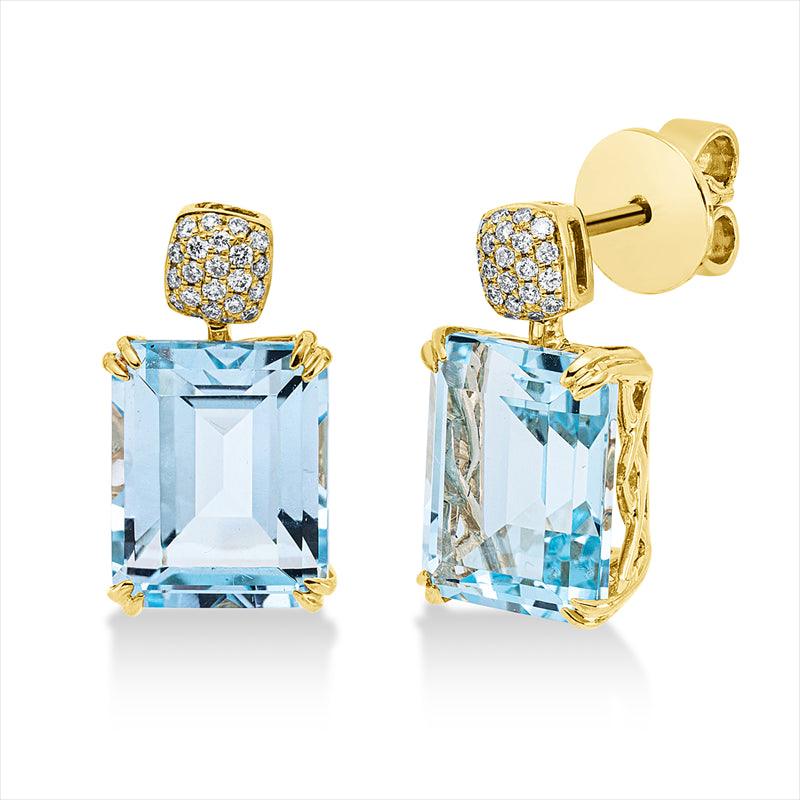 Ohrschmuck 18 kt GG, 44 Brill. 0,15 ct, TW-si, 2 Topase 9,10 ct sky blue