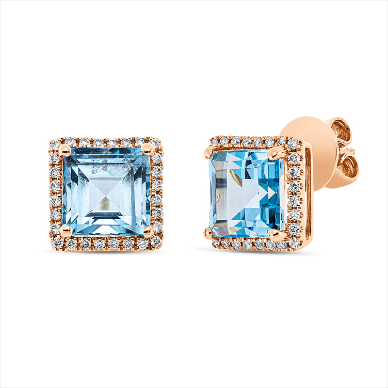 Ohrstecker 18 kt GG, 56 Brill. 0,24 ct, TW-si, 2 Topase 5,10 ct blau