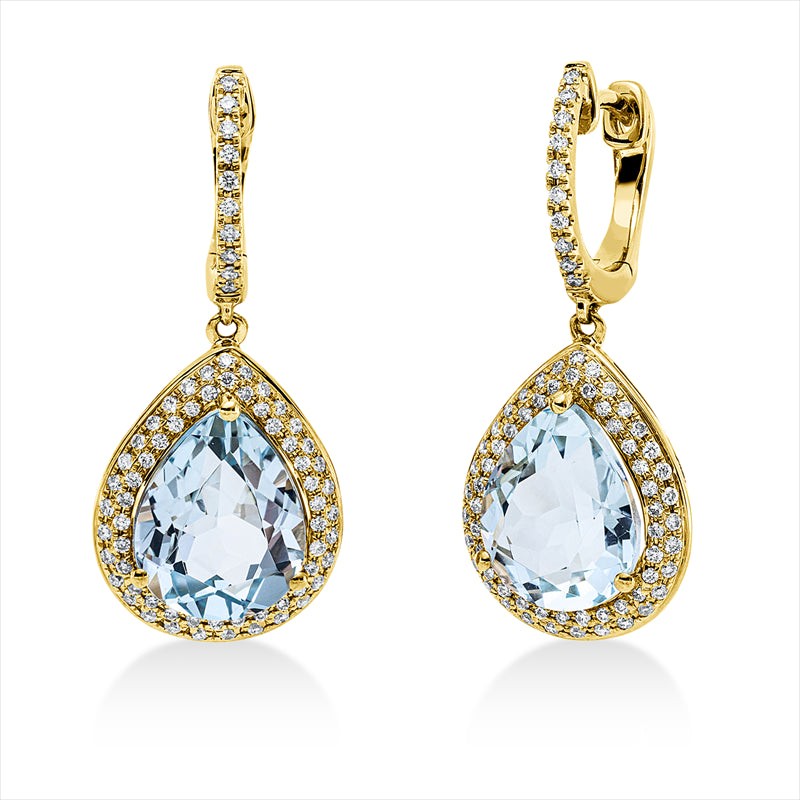 Ohrschmuck 18 kt GG, 142 Brill. 0,49 ct, TW-si, 2 Topase 6,20 ct sky blue