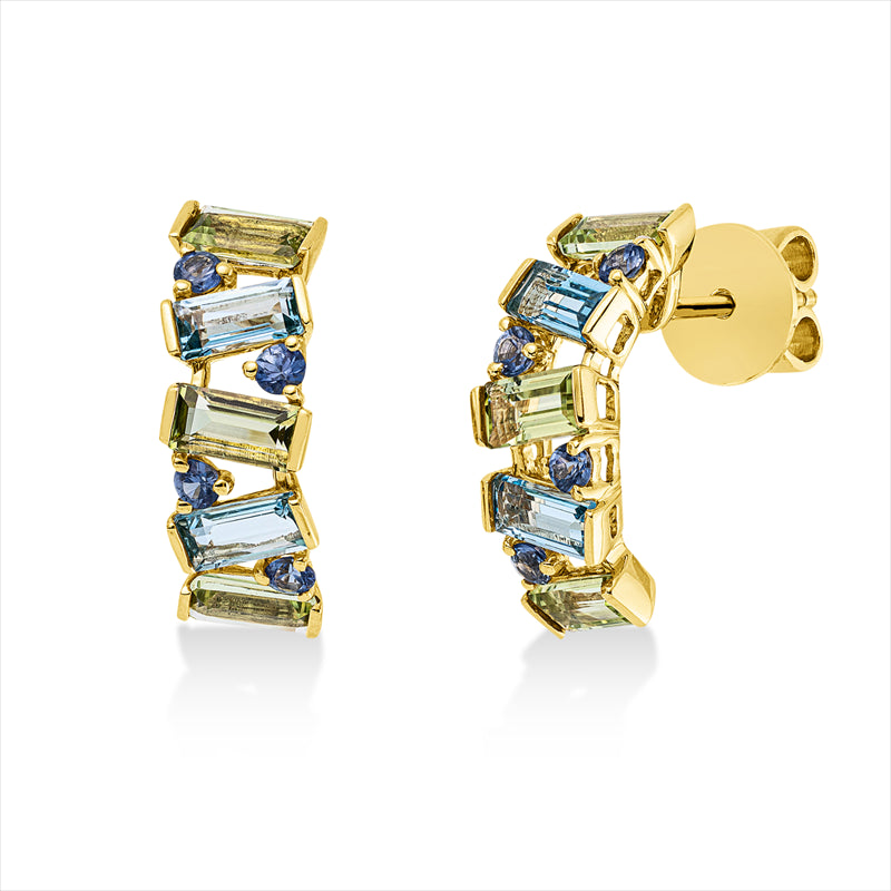 Ohrschmuck 18 kt GG, 6 Peridot 1,40 ct grün, 4 Topase 1,00 ct blau, 8 Saphire 0,37 ct blau