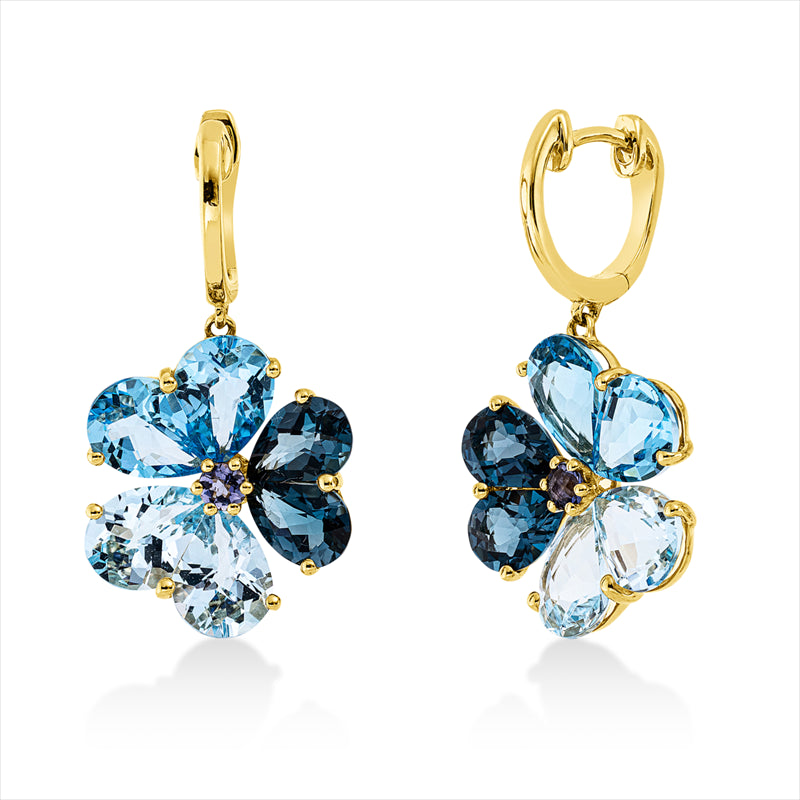 Ohrschmuck 18 kt GG, 12 Topase 10,90 ct multicolor, 2 Iolith 0,20 ct lila