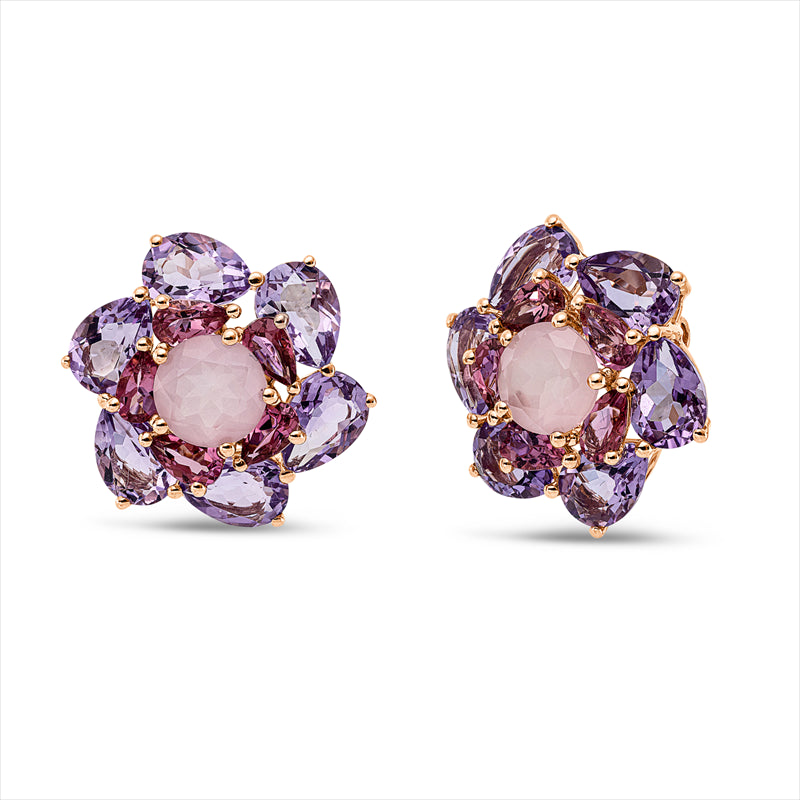 Ohrschmuck 18 kt RG, 10 Turmalin 2,00 ct pink, 2 Rosenquarz 2,60 ct rosé, 12 Amethyste 8,00 ct pink