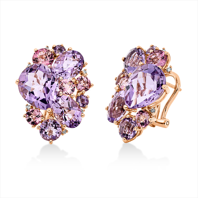 Ohrschmuck 18 kt RG, 12 Brill. 0,11 ct, TW-si, 12 Amethyste 12,50 ct pink, 8 Turmalin 2,80 ct pink