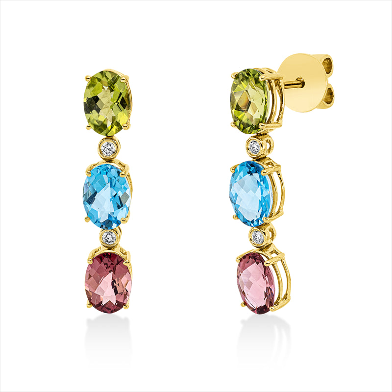 Ohrschmuck 18 kt GG, 4 Brill. 0,07 ct, TW-si, 2 Top 1,90 ct blau, 2 Peridot 1,80 ct, 2 Turm 1,70 ct pink