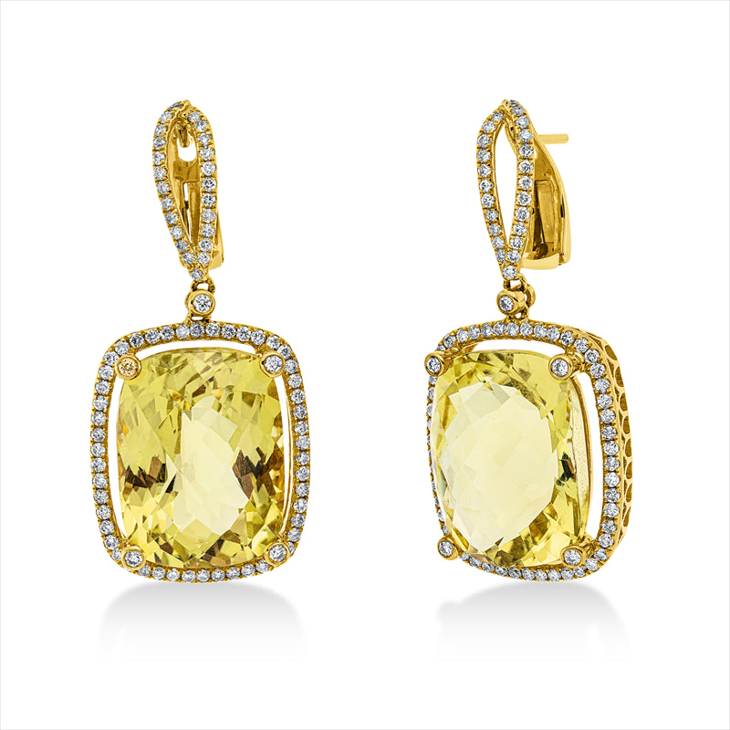 Ohrschmuck 18 kt GG, 158 Brill. 1,00 ct, W-si, 2 Lemonquarz 28,96 ct grün
