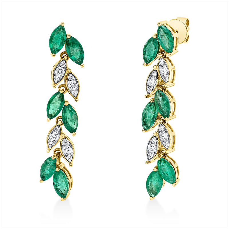 Ohrschmuck 18 kt GG, Fassung rhodiniert, 24 Brill. 0,28 ct, F-vsi, 12 Smaragde 3,04 ct grün