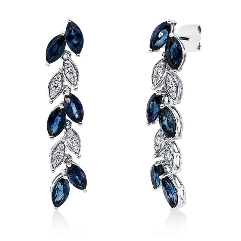 Ohrschmuck 18 kt WG, 24 Brill. 0,27 ct, F-vsi, 12 Saphire 5,14 ct blau