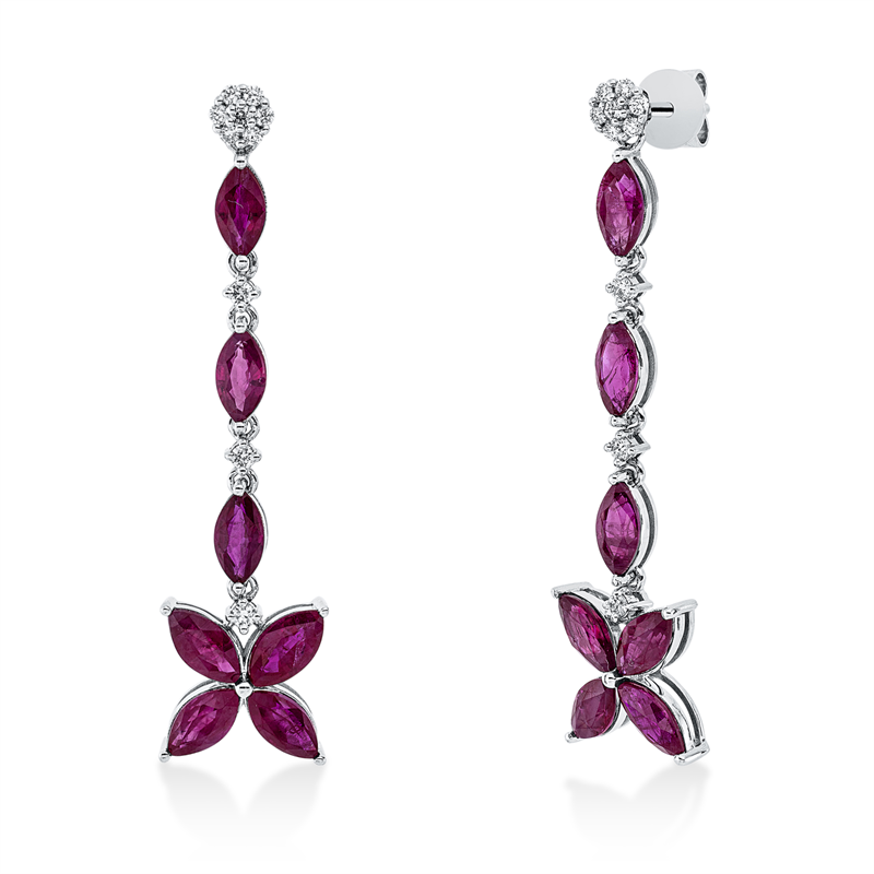 Ohrschmuck 18 kt WG, 20 Brill. 0,19 ct, F-vsi, 14 Rubine 4,93 ct rot