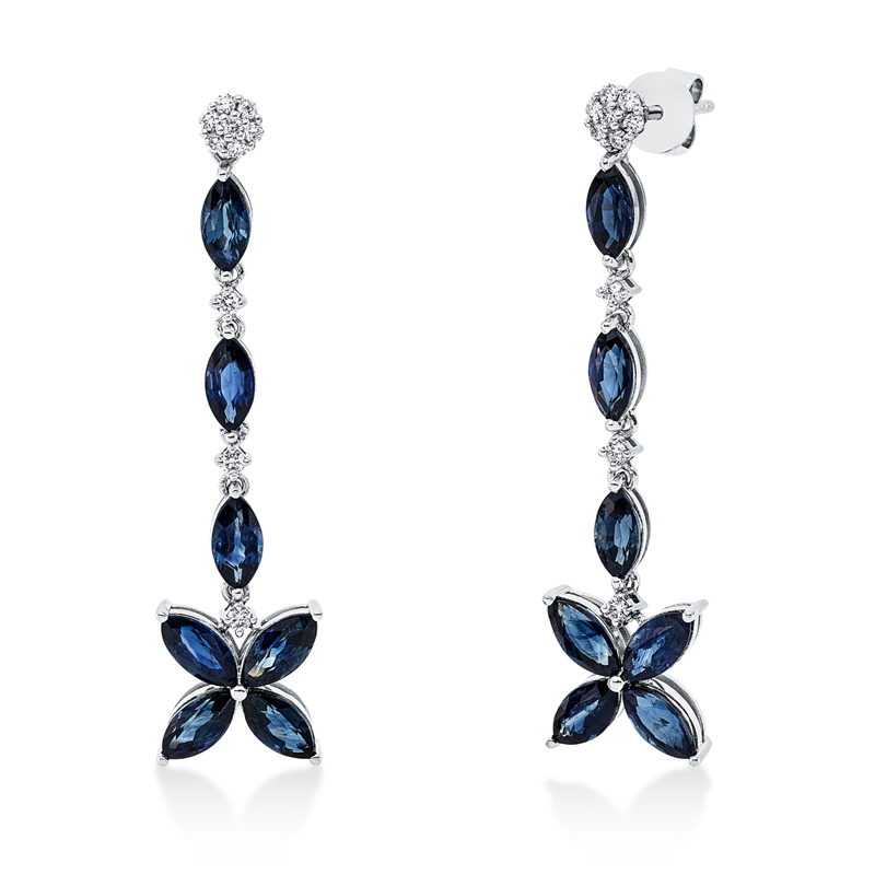 Ohrschmuck 18 kt WG, 20 Brill. 0,19 ct, F-vsi, 14 Saphire 5,36 ct blau