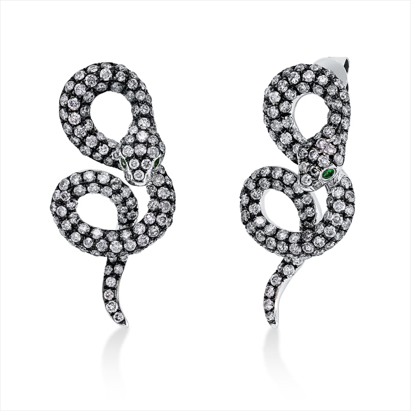 Ohrschmuck 18 kt WG, Fass schwarz rhod, 176 Brill. 2,15 ct, W-si, 58 Brill. 0,73 ct, pink, 4 Tsavorith 0,06 ct grün