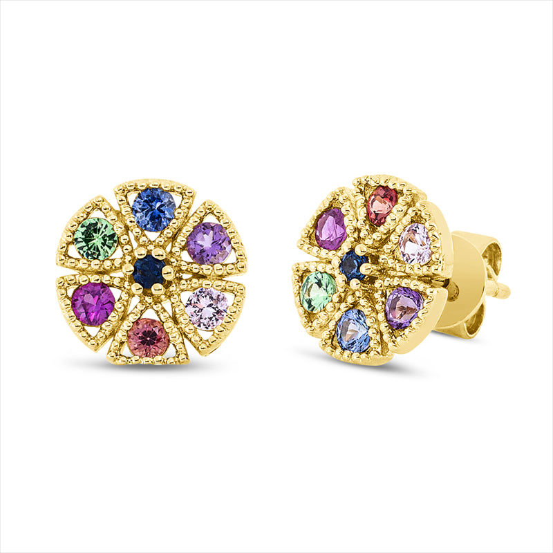 Ohrstecker 14 kt GG, 14 Saphire 0,56 ct multicolor