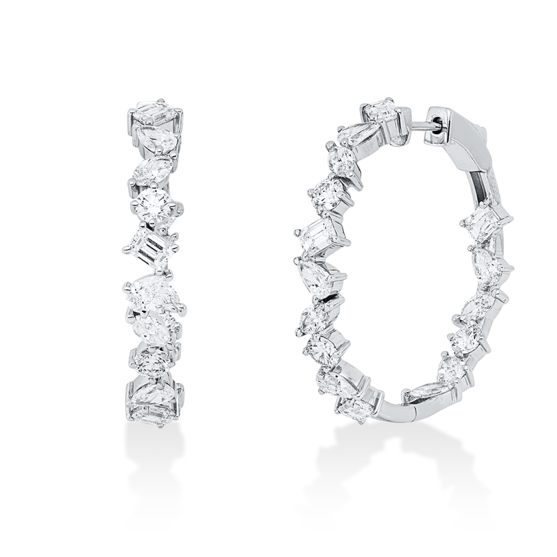 Creolen 14 kt WG, 8 Nav. 0,87 ct, F-si, 10 Tropfen 1,46 ct, F-si, 8 Sm.schliff 1,53 ct, F-si, 6 Brill. 0,89 ct, F-si