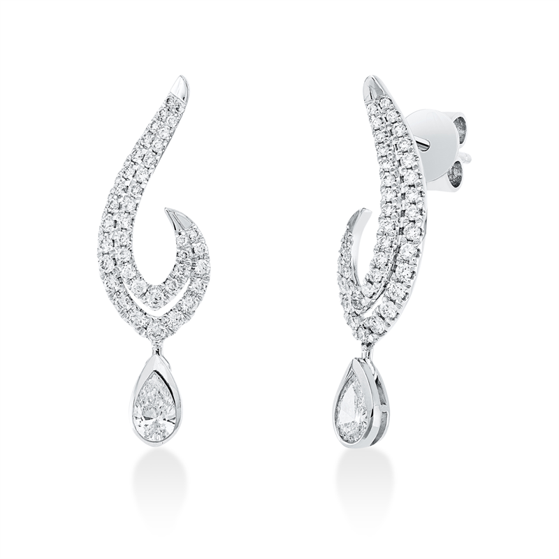 Ohrschmuck 14 kt WG, 18 Brill. 0,19 ct, TW-si, 2 Tropfen 0,38 ct, TW-si, 60 Brill. 0,28 ct, TW-si