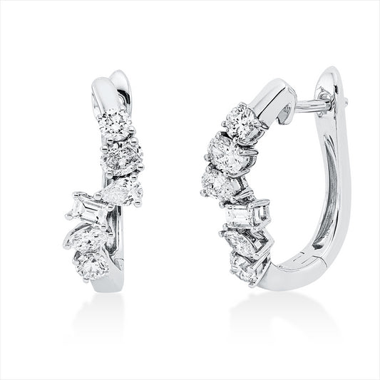 Creolen 18 kt WG, 2 Tropf. 0,14 ct,2 Oval 0,19 ct,2 Nav. 0,10 ct, 2 Bag. 0,13 ct, 4 Brill. 0,29 ct, TW-si