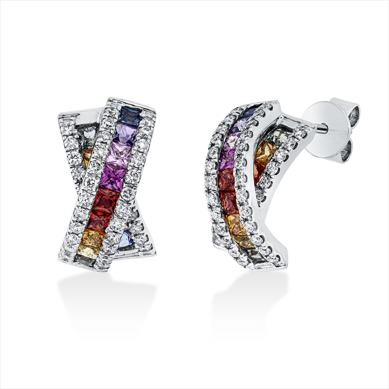 Ohrstecker 18 kt WG, 26 Saphire 1,08 ct fancy, 4 Rubine 0,14 ct rot, 82 Brill. 0,38 ct, TW-si