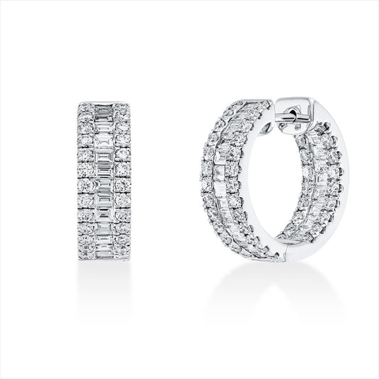 Creolen 18 kt WG, 46 Bag. 1,13 ct, F-vvs/vs, 88 Brill. 0,94 ct, F-vsi/si