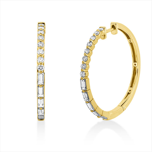 Creolen 18 kt GG, 10 Bag. 0,87 ct, TW-si, 16 Brill. 0,46 ct, TW-si