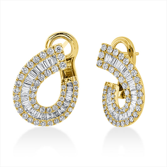 Creolen 18 kt GG, 52 Bag. 0,62 ct, TW-vsi/si, 86 Brill. 0,79 ct, TW-vsi/si