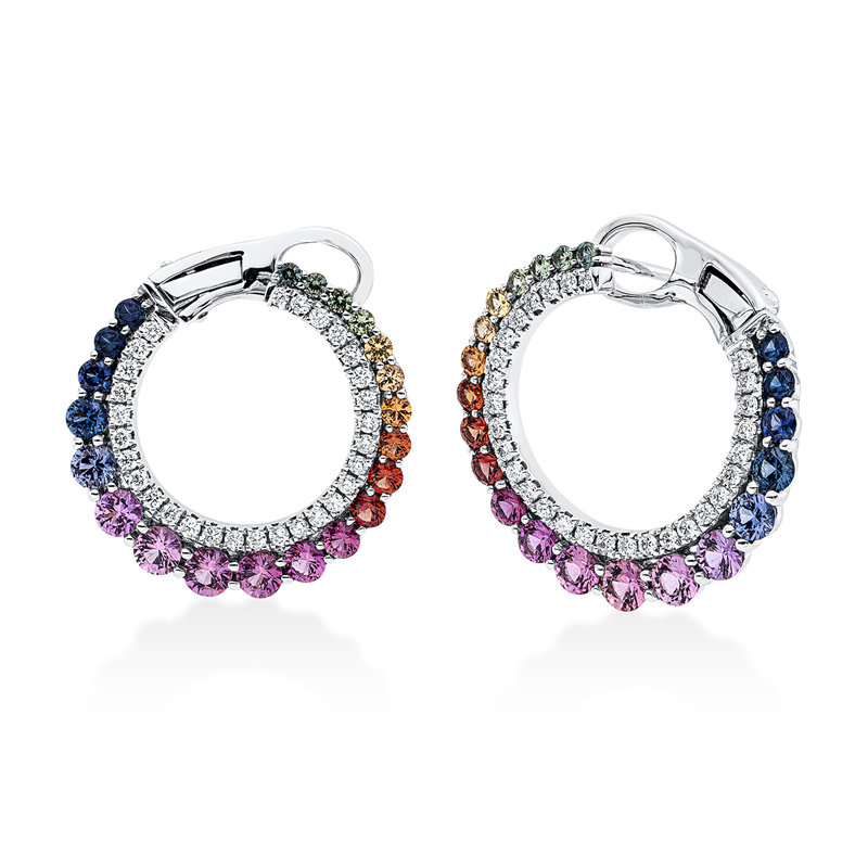 Creolen 18 kt WG, 58 Brill. 0,34 ct, TW-si, 42 Saphire 1,82 ct multicolor