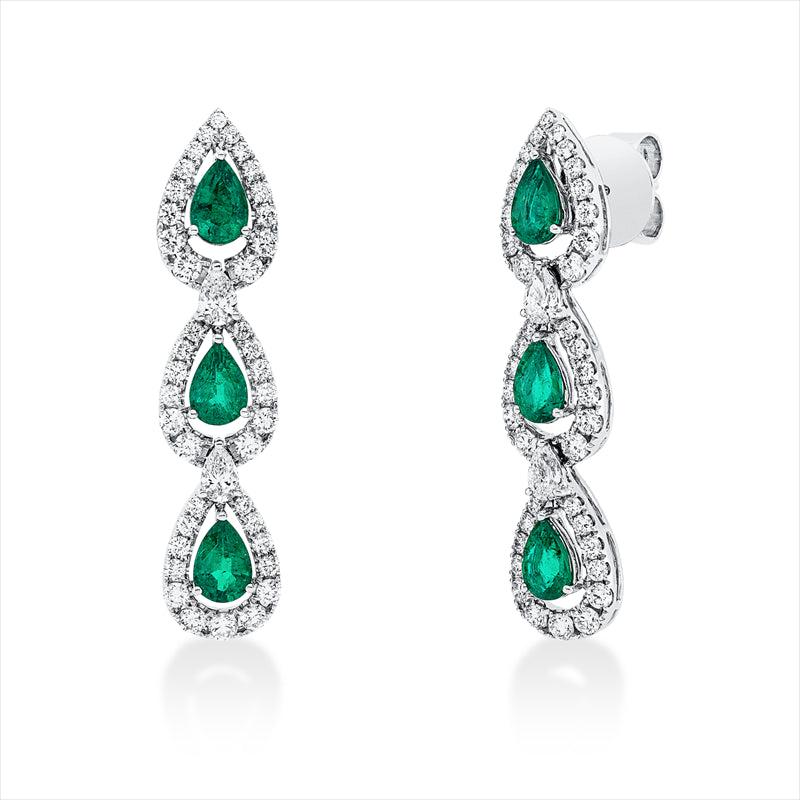 Ohrschmuck 18 kt WG, 4 Tropfen 0,48 ct, TW-vsi, 80 Brill. 1,38 ct, TW-vsi, 6 Smaragde 2,16 ct grün