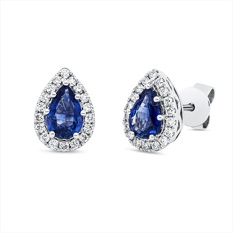 Ohrstecker 14 kt WG, 32 Brill. 0,16 ct, W-pi, 2 Saphire 1,00 ct blau