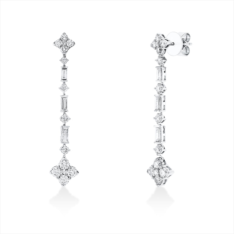 Ohrschmuck 18 kt WG, 8 Brill. 0,67 ct, TW-vsi/si, 6 Bag. 0,39 ct, TW-vsi/si, 20 Brill. 0,59 ct, TW-vsi/si