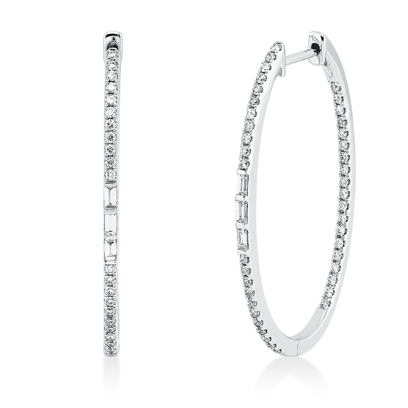 Creolen 18 kt WG, 6 Bag. 0,15 ct, TW-si, 82 Brill. 0,51 ct, TW-si
