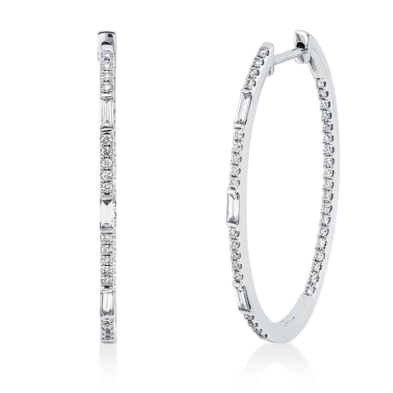 Creolen 18 kt WG, 6 Bag. 0,24 ct, TW-si, 74 Brill. 0,47 ct, TW-si