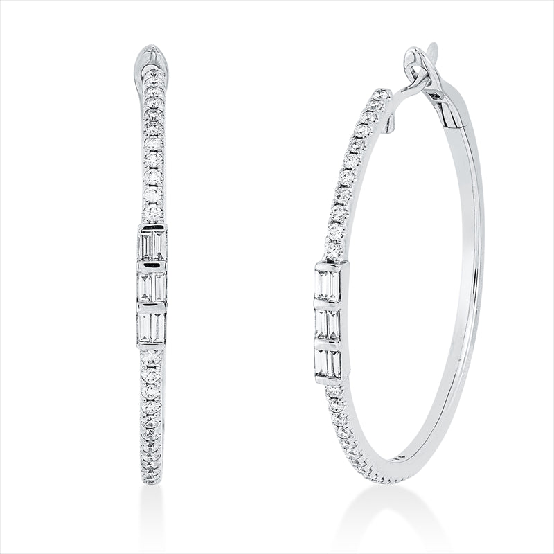 Creolen 18 kt WG, 12 Bag. 0,19 ct, TW-si, 50 Brill. 0,41 ct, TW-si