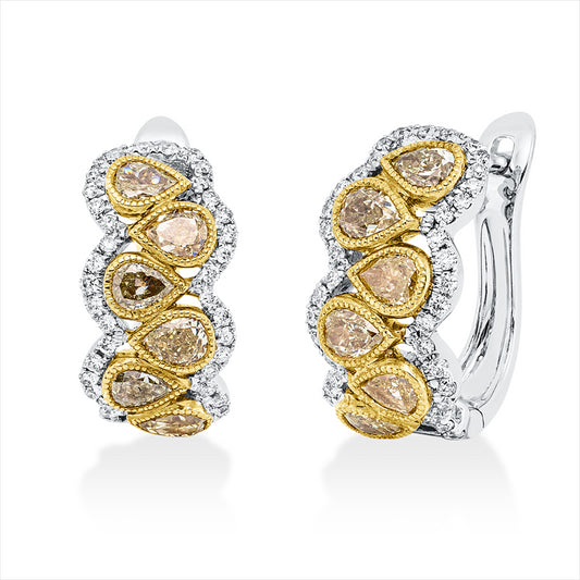 Creolen 18 kt WG+GG, 76 Brill. 0,26 ct, TW-si, 12 Tropfen 1,46 ct, gelb