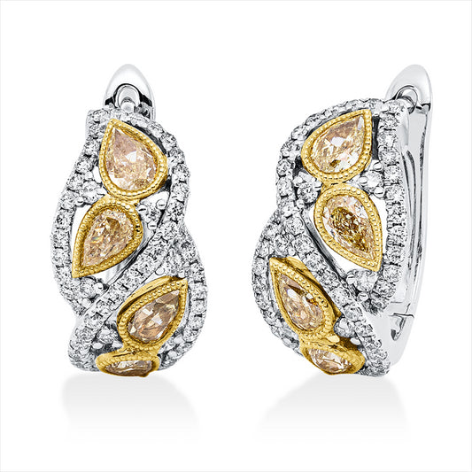 Creolen 18 kt WG+GG, 108 Brill. 0,55 ct, TW-si, 8 Tropfen 1,32 ct, gelb