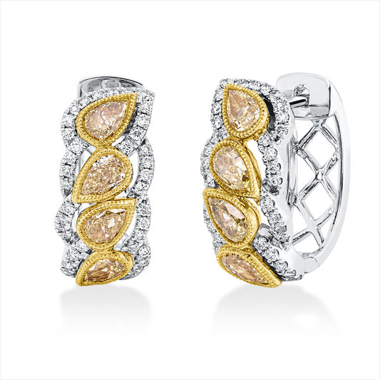 Creolen 18 kt WG+GG, 80 Brill. 0,32 ct, TW-si, 8 Tropfen 1,31 ct, gelb