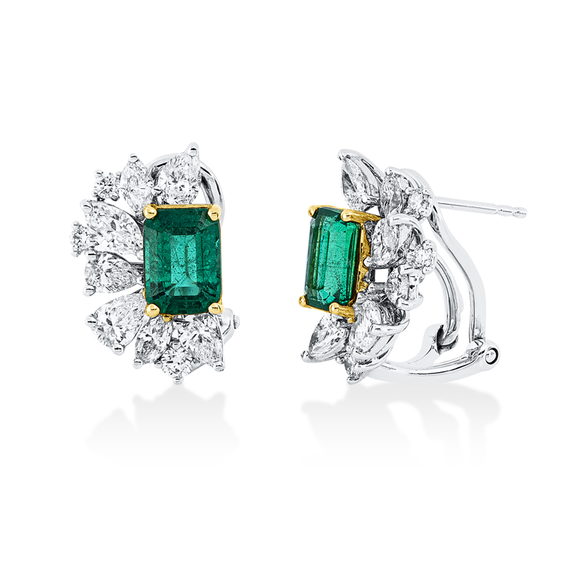 ABVERKAUF, Ohrstecker 18kt, 8 Tropfen 0,81 ct, 6 Nav.0,48 ct, 6 Dia.0,14ct, TW-si, 2 Sm 1,79ct grün