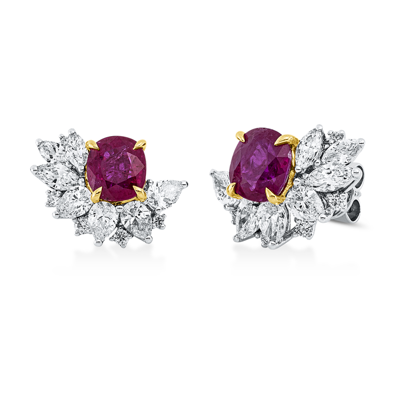 Ohrstecker 18 kt WG+GG, 8 Tropfen 1,08 ct, 6 Nav.0,54ct, 10 Brill.0,13ct, TW-si, 2 Rubine 2,84ct rot