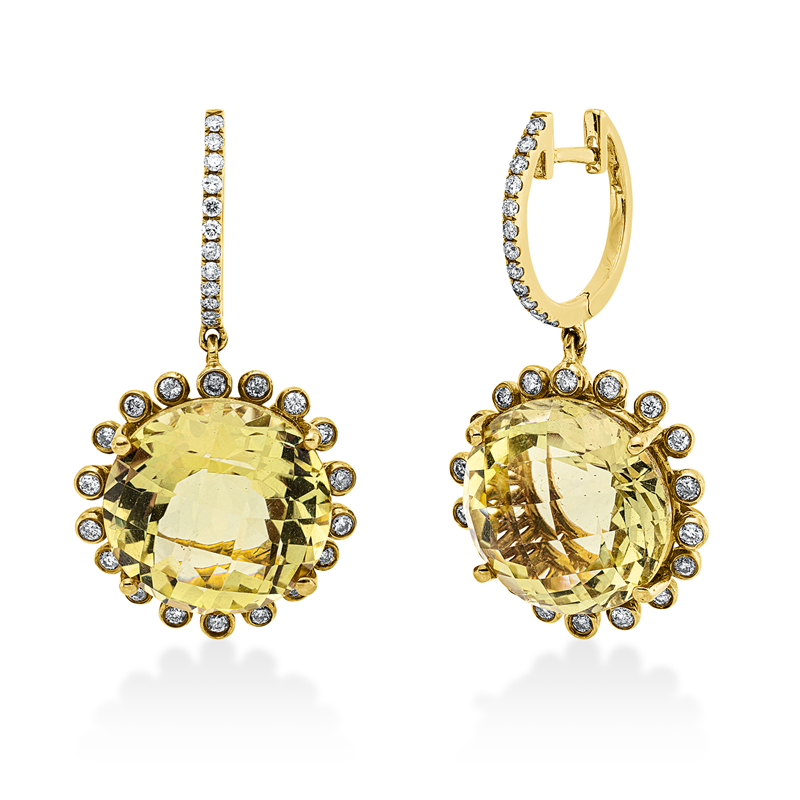 Ohrschmuck 18 kt GG, 60 Brill. 0,59 ct, fancy-pi, 2 Lemonquarz 19,78 ct grün