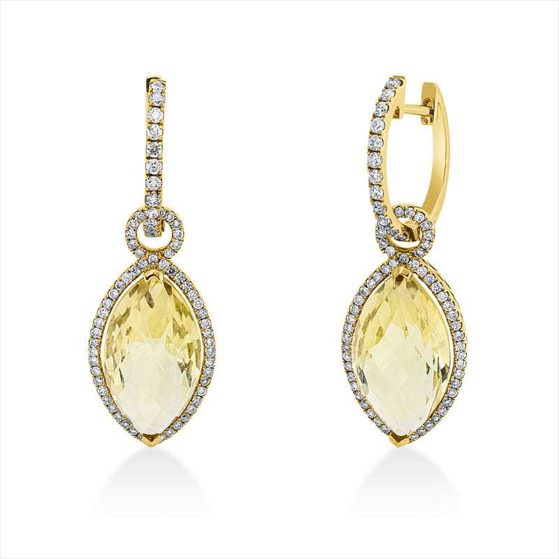 Ohrschmuck 18 kt GG, 136 Brill. 0,73 ct, TW-si, 2 Lemonquarz 11,01 ct grün