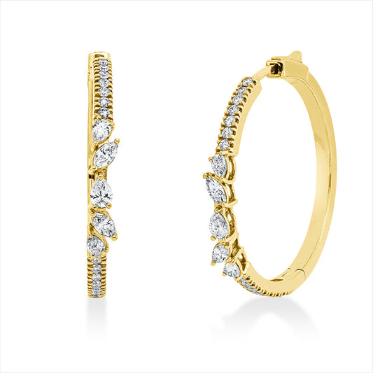 Creolen 18 kt GG, 6 Tropfen 0,40 ct, I-si, 4 Nav. 0,24 ct, I-si, 28 Brill. 0,35 ct, TW-si