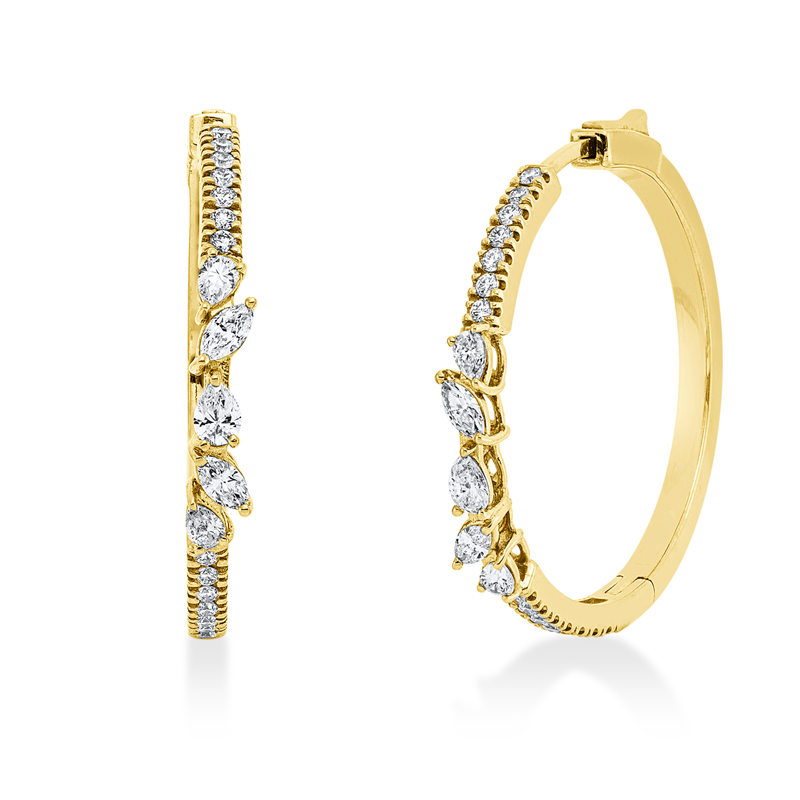 Creolen 18 kt GG, 6 Tropfen 0,40 ct, I-si, 4 Nav. 0,24 ct, I-si, 28 Brill. 0,35 ct, TW-si